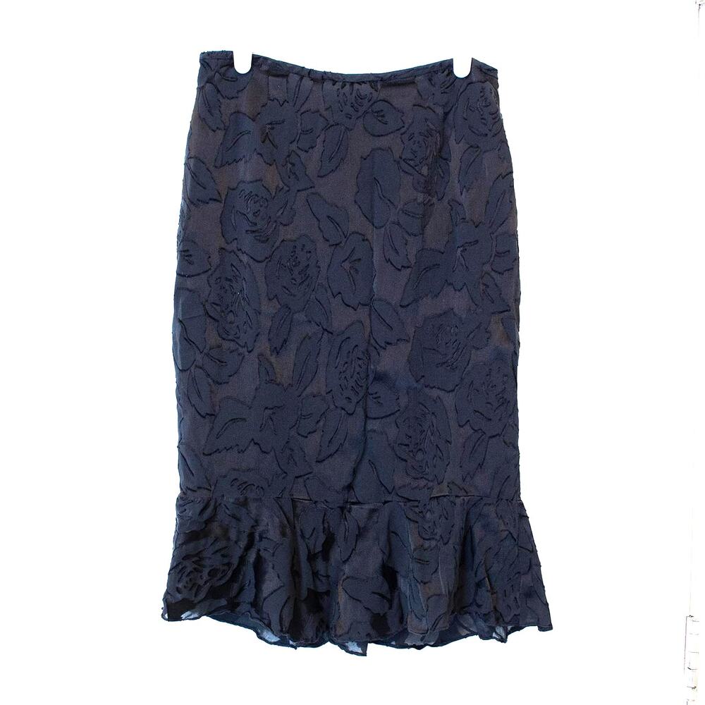 Romantic Goth VTG Skirt Black Floral Burnout Ruffle Silk Sz 4 90s | Dark Winter